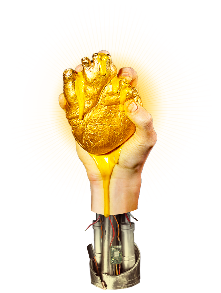 Hand holding a golden, gooey heart