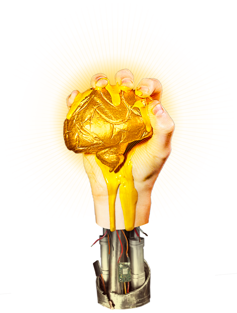 Hand holding a golden, gooey brain