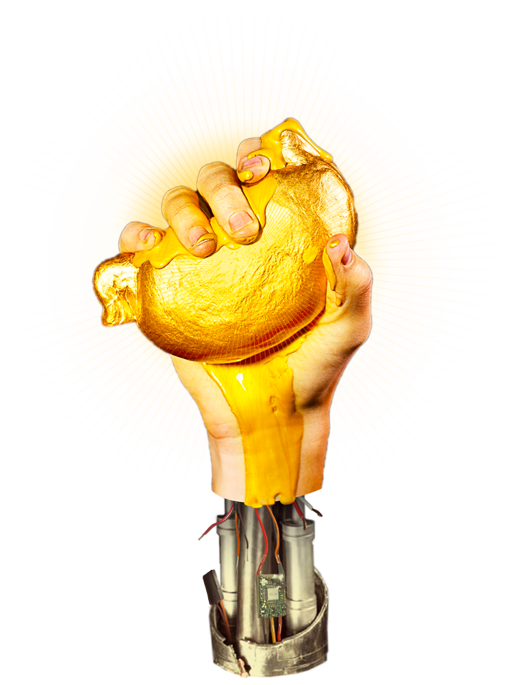 Hand holding a golden, gooey stomach