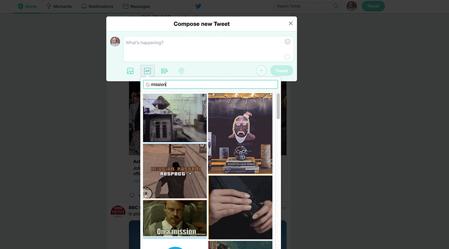 screen shot of instagram showing how to add giphy stickers to a new tweet
