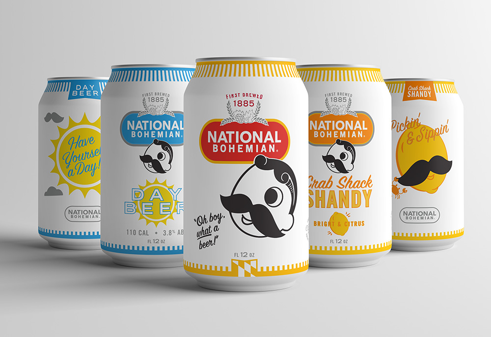 six new Natty Boh designed beer cans with the signature mustache