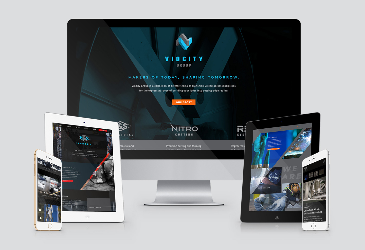 one computer, two tablets and two smart phones showing Viocity's redesigned website