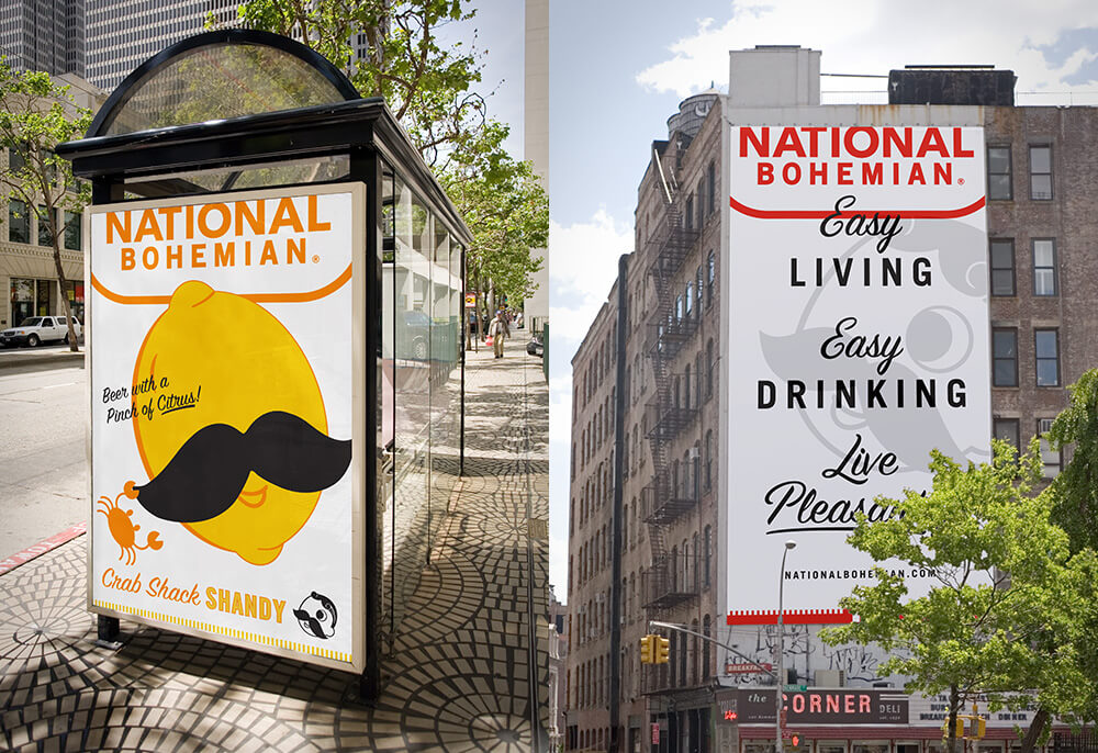 National Bohemian branded bus station and large banner on a building