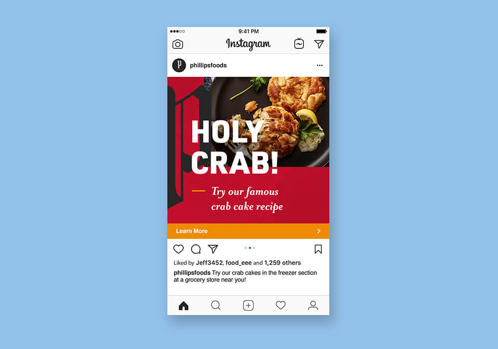 A sample instagram post that reads, “holy crab!”