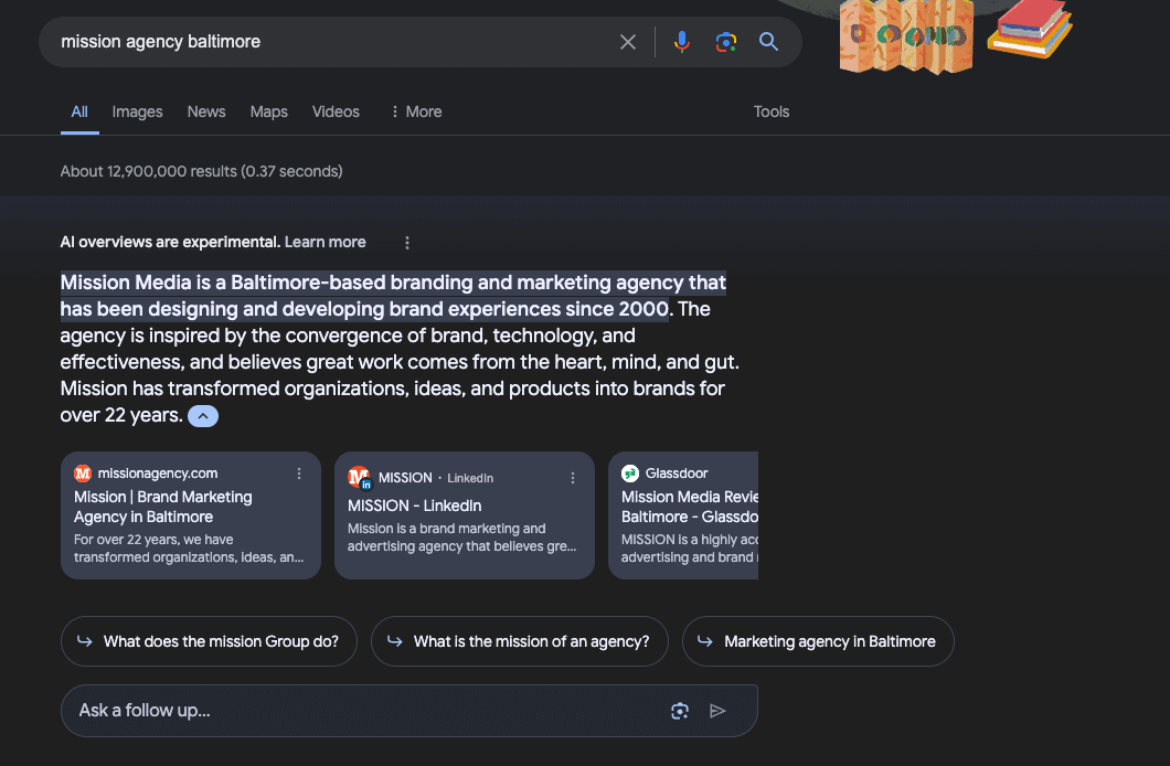 A.I. overview of Google search results for: mission agency baltimore