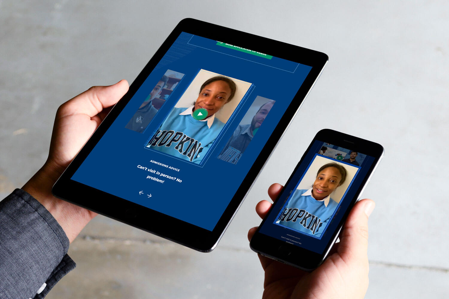 A tablet and phone displaying a video of a Hopkins student.