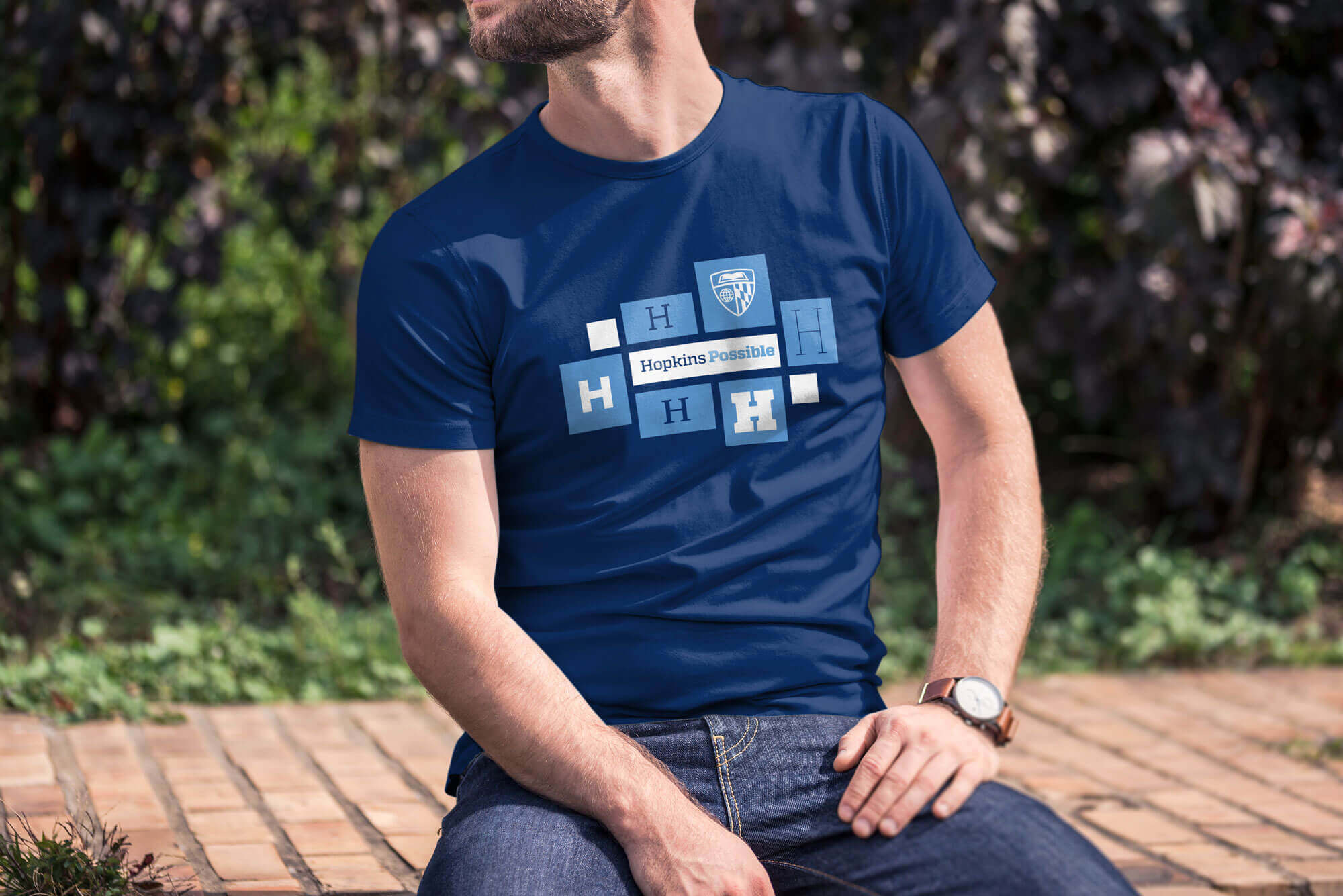 Man wearing Hopkins Possible T-shirt.