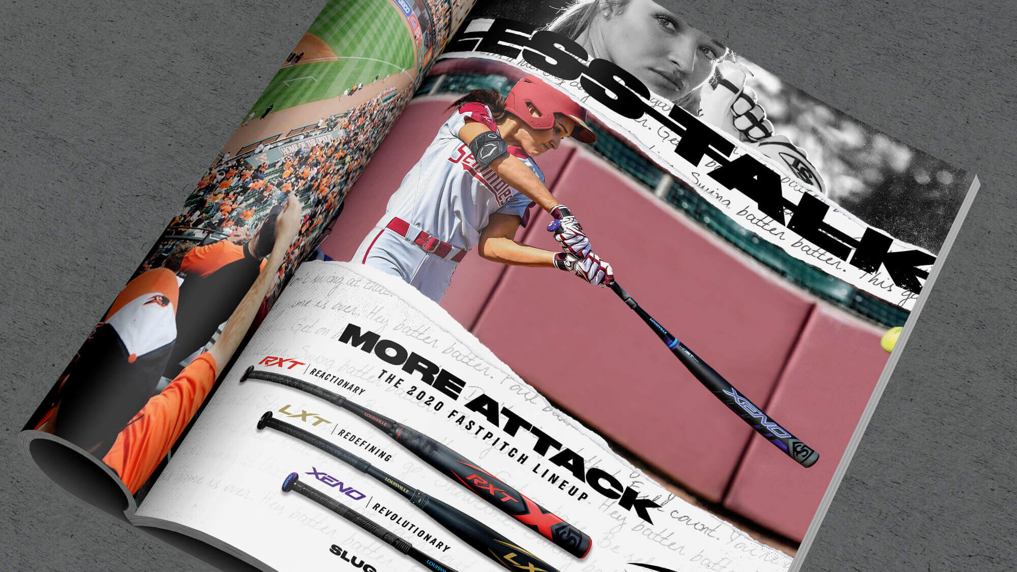 Print ad with athlete photo and 2020 Fastpitch product line-up.