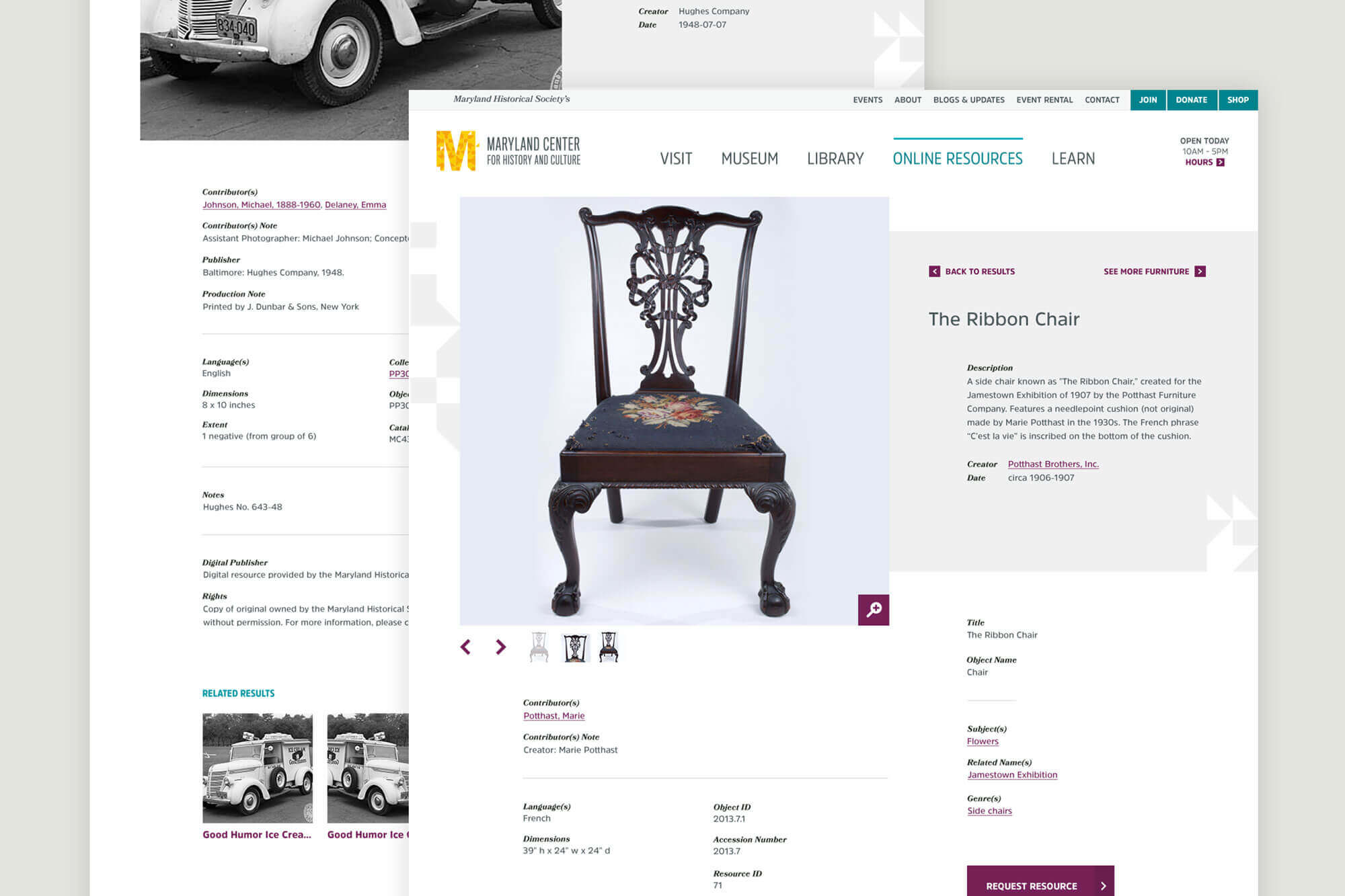 A screenshot of a chair from MCHC’s digital collection webpage.