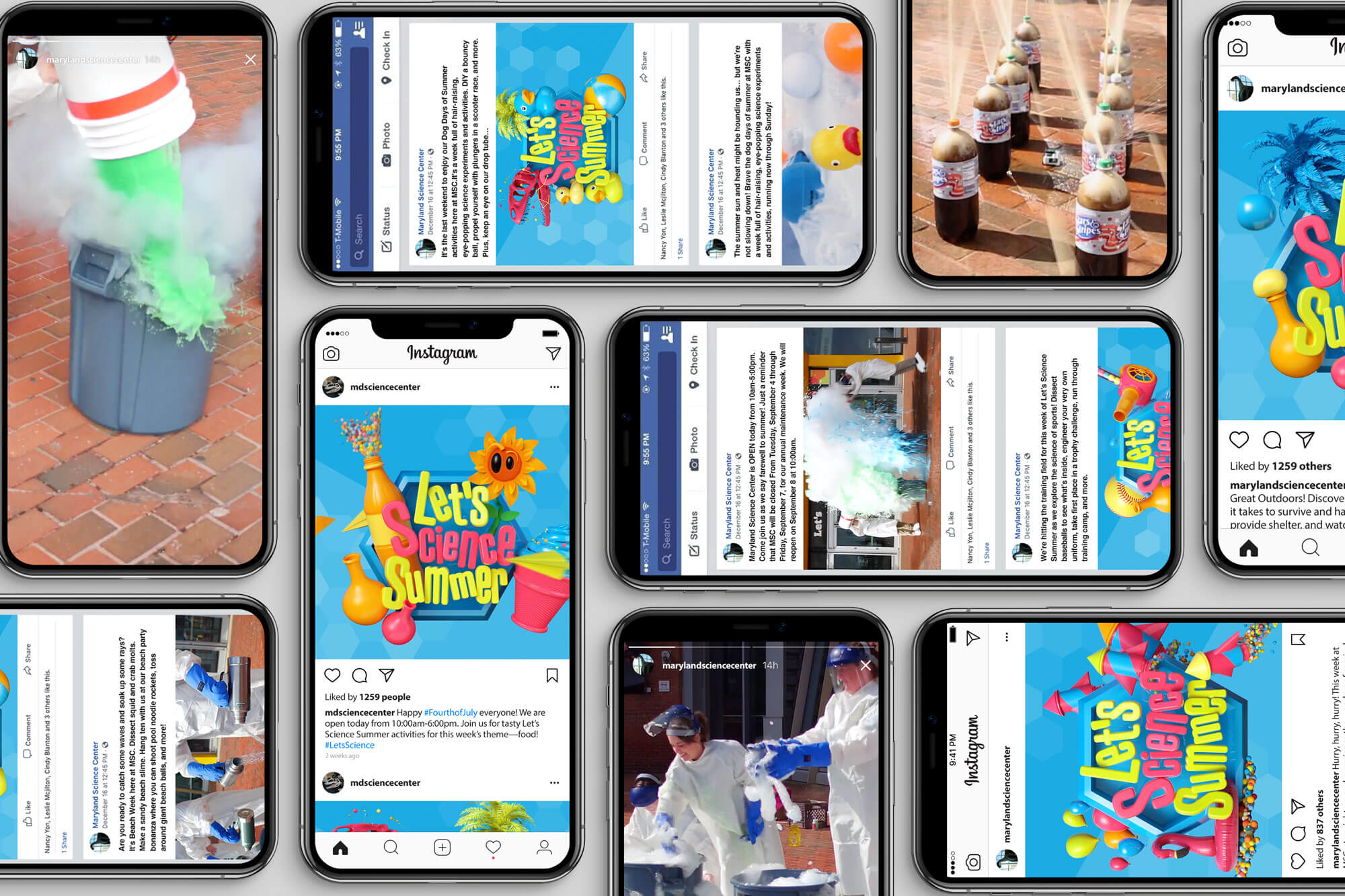 An array of phones displaying social media posts.