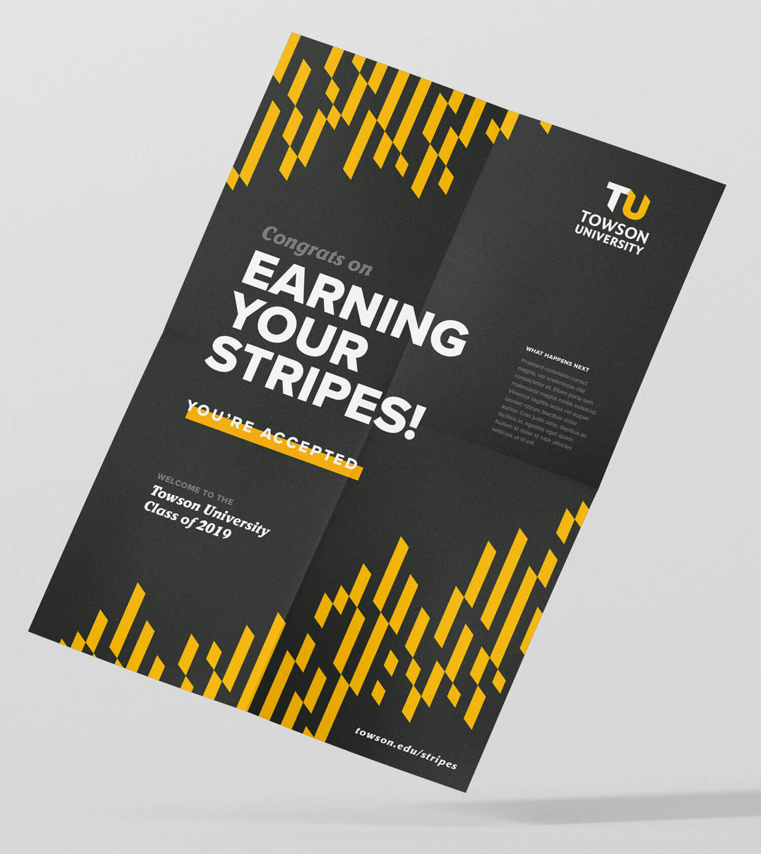 A piece of print collateral featuring TU branding.