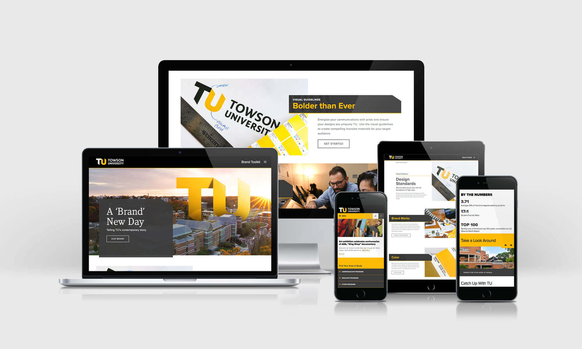 A series of screens showing different pages from the TU brand guidelines website.