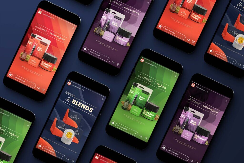 Several phones displaying Evermore Instagram story posts.
