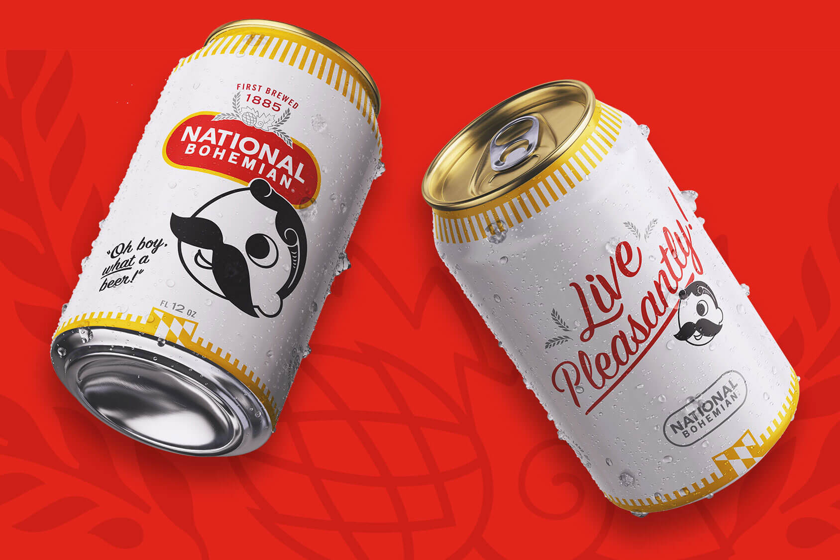 Multiple angles of a National Bohemian beer can that’s covered in condensation.