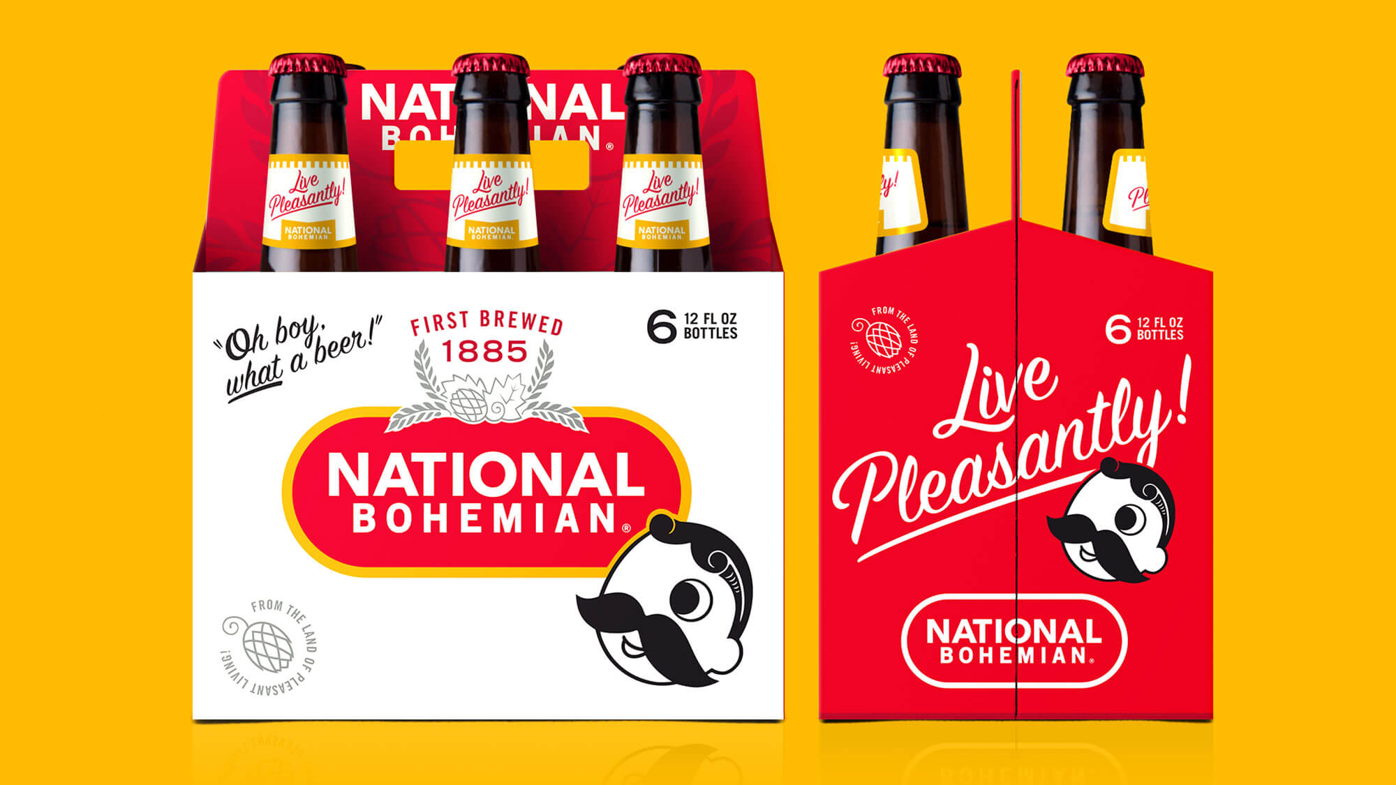 Multiple angles of a National Bohemian six-pack of bottles.