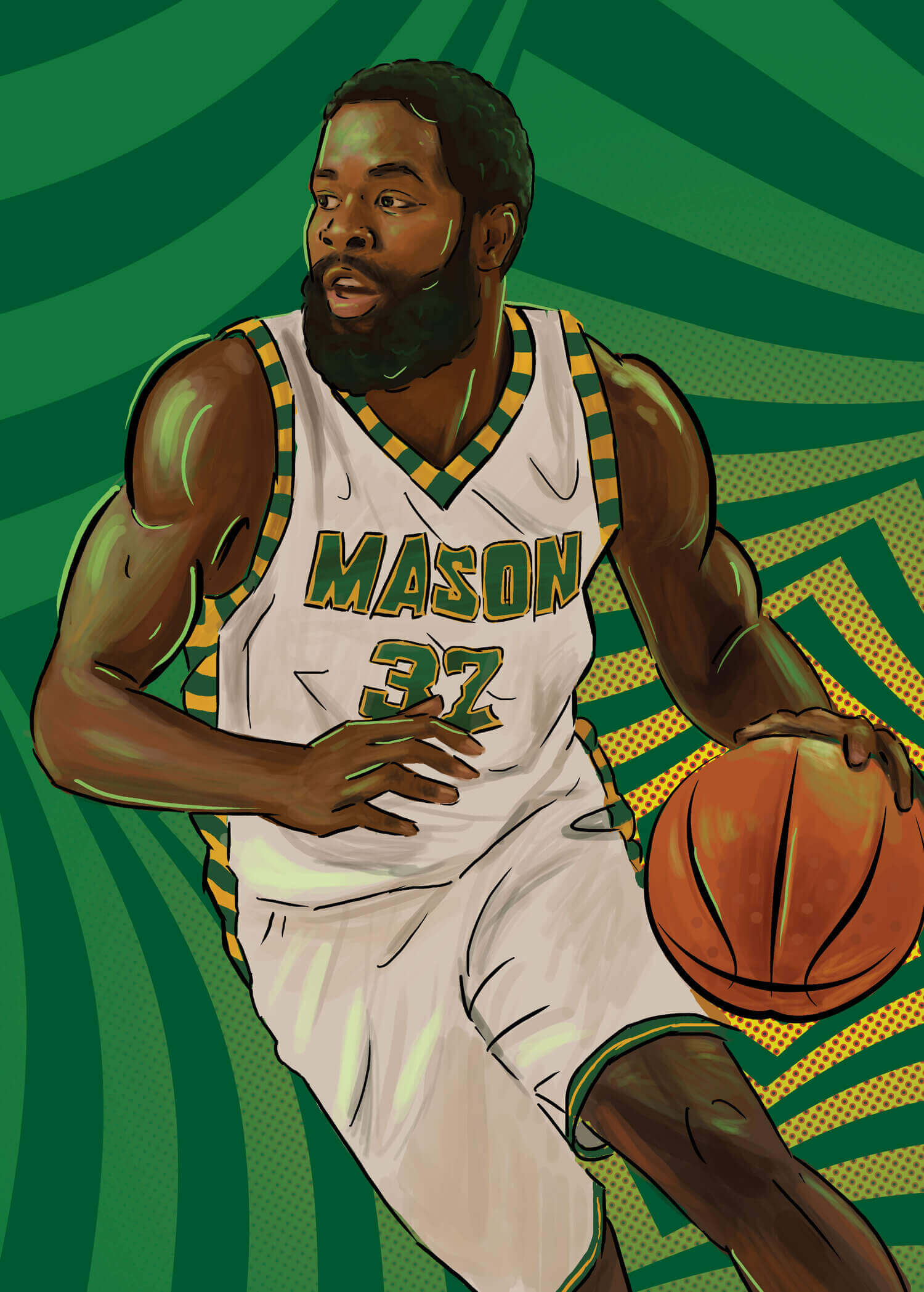 An illustration of a GMU men’s basketball player.