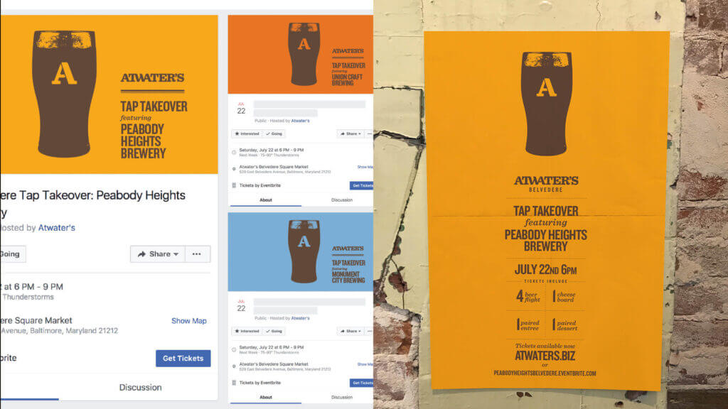 Screenshots of Atwater’s social media alongside an event poster.