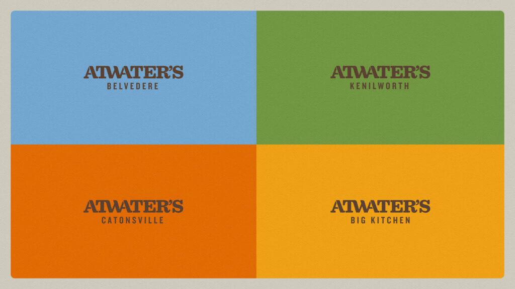 Wordmarks for Atwater’s four locations on blue, green, orange, and yellow backgrounds
