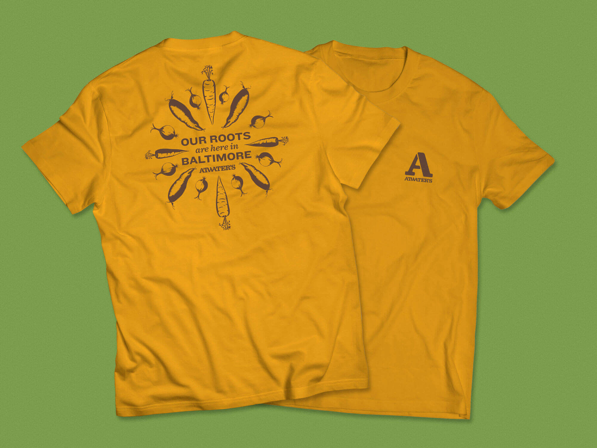Front and back views of yellow Atwater’s T-shirt.