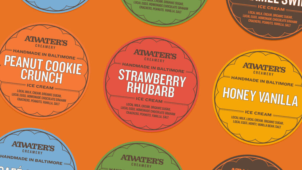 Various labels for Atwater’s ice cream on orange background
