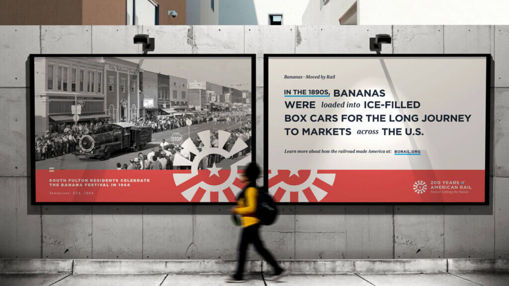 A series of two outdoor signs featuring a historic photo of a train and a fun fact from the history of American rail.
