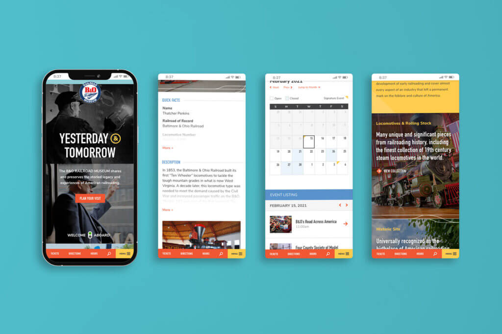 Four phone-sized screenshots displaying different pages of the B&O Railroad Museum website.
