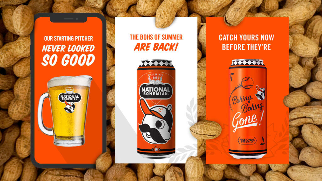 A series of social media story ads featuring cans and pitchers of beer paired with brand messaging.