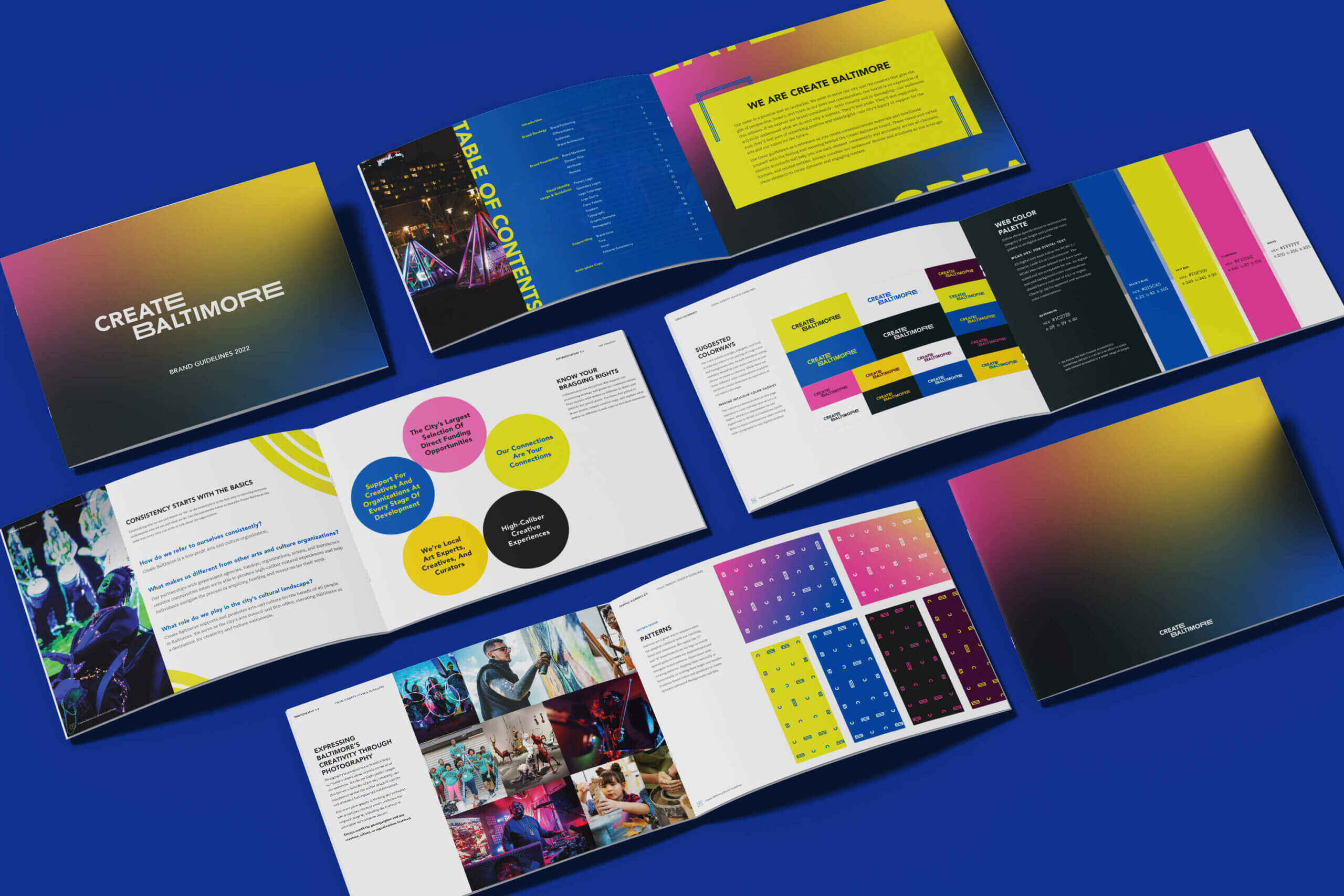 A mocked-up image displaying the Create Baltimore brand platform as a printed booklet.