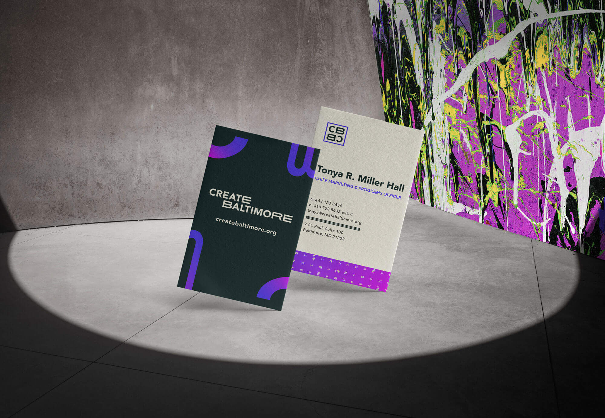 A sample business card featuring the Create Baltimore logo on one side and an employee’s contact info on the other.