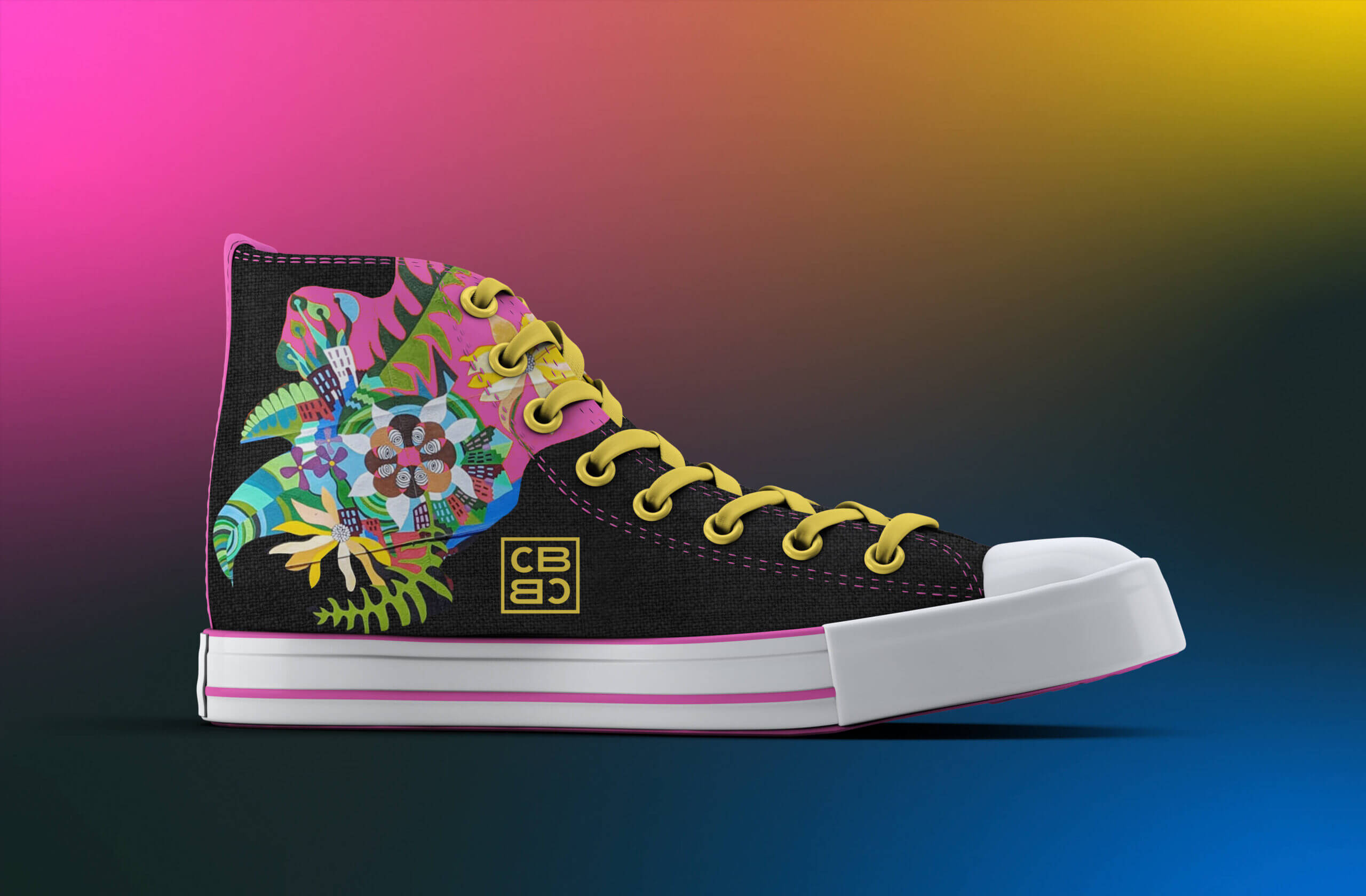 A black sneaker with white soles featuring colorful artwork and the Create Baltimore monogram.