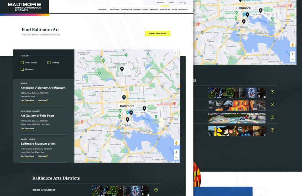 A screenshot of the “Find Baltimore Art” page on the BOPA website , where different studios, galleries, and museums can be filtered and placed on a map of Baltimore City.
