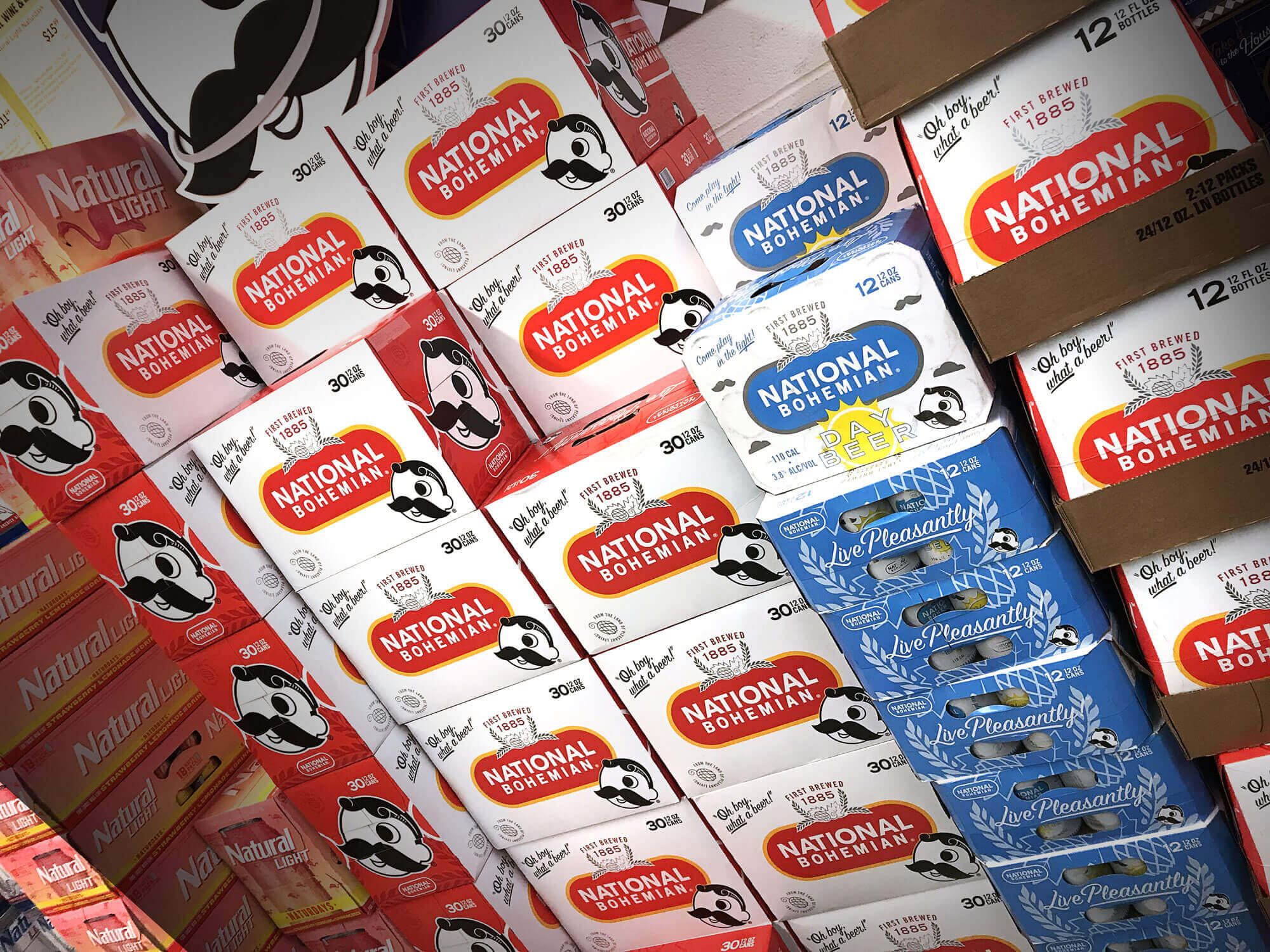 A picture of multiple cases of National Bohemian beer.