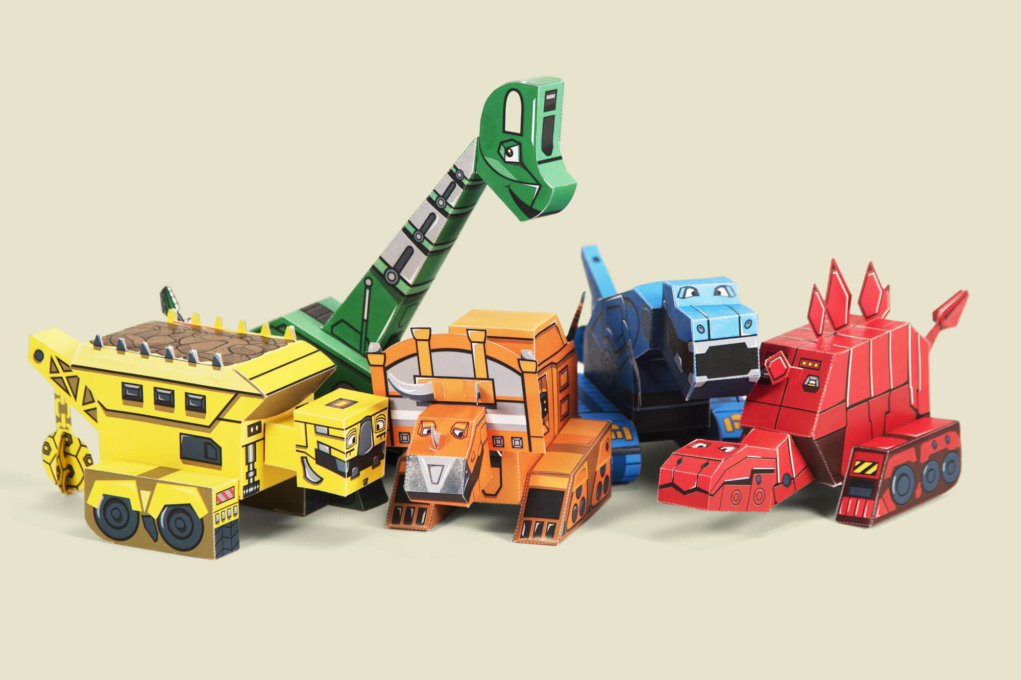 A collection of papercraft, foldable DinoTrux characters.