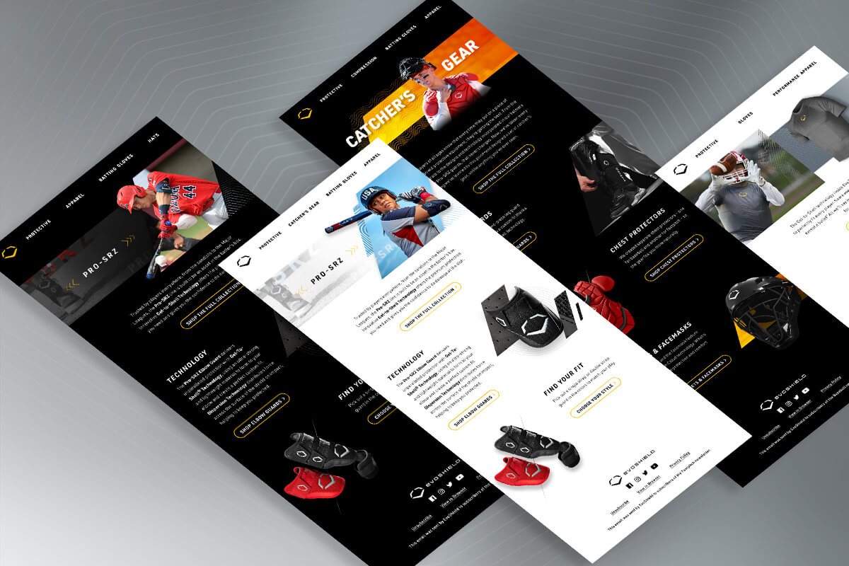 Several phone-sized screenshots of different product pages from EvoShield’s website.