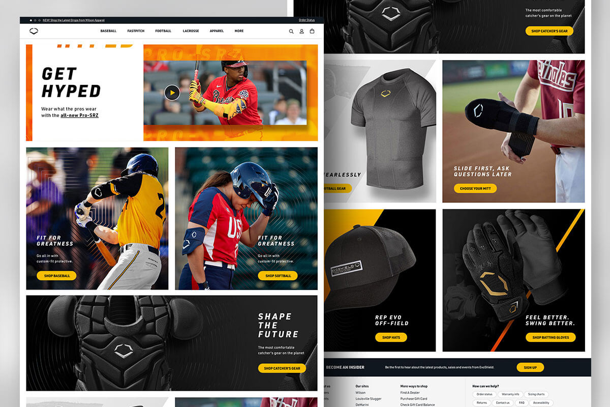 Two full-size screenshots showing different products on EvoShield’s website.