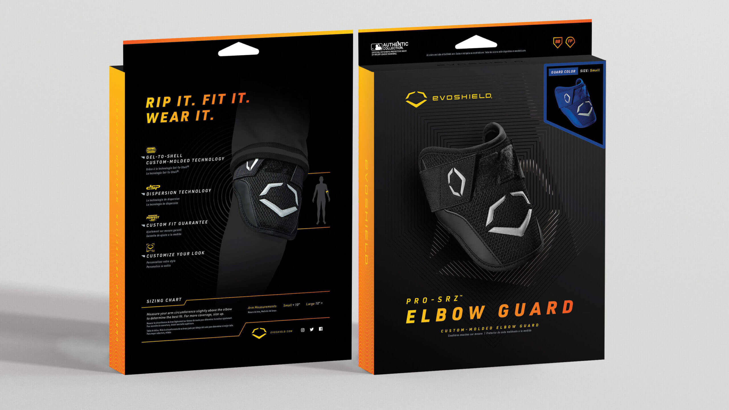 The front and back of the packaging for an EvoShield elbow guard.