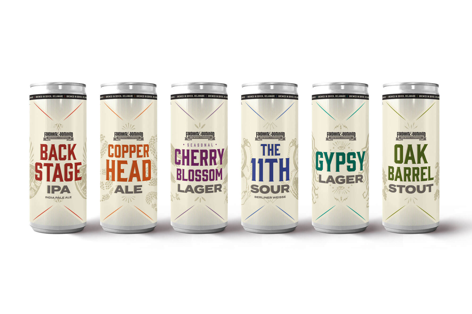 Line-up of Fordham & Dominion cans.