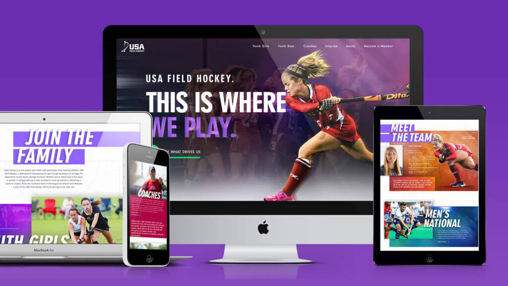 A series of screens featuring different pages from the USA Field Hockey website.

