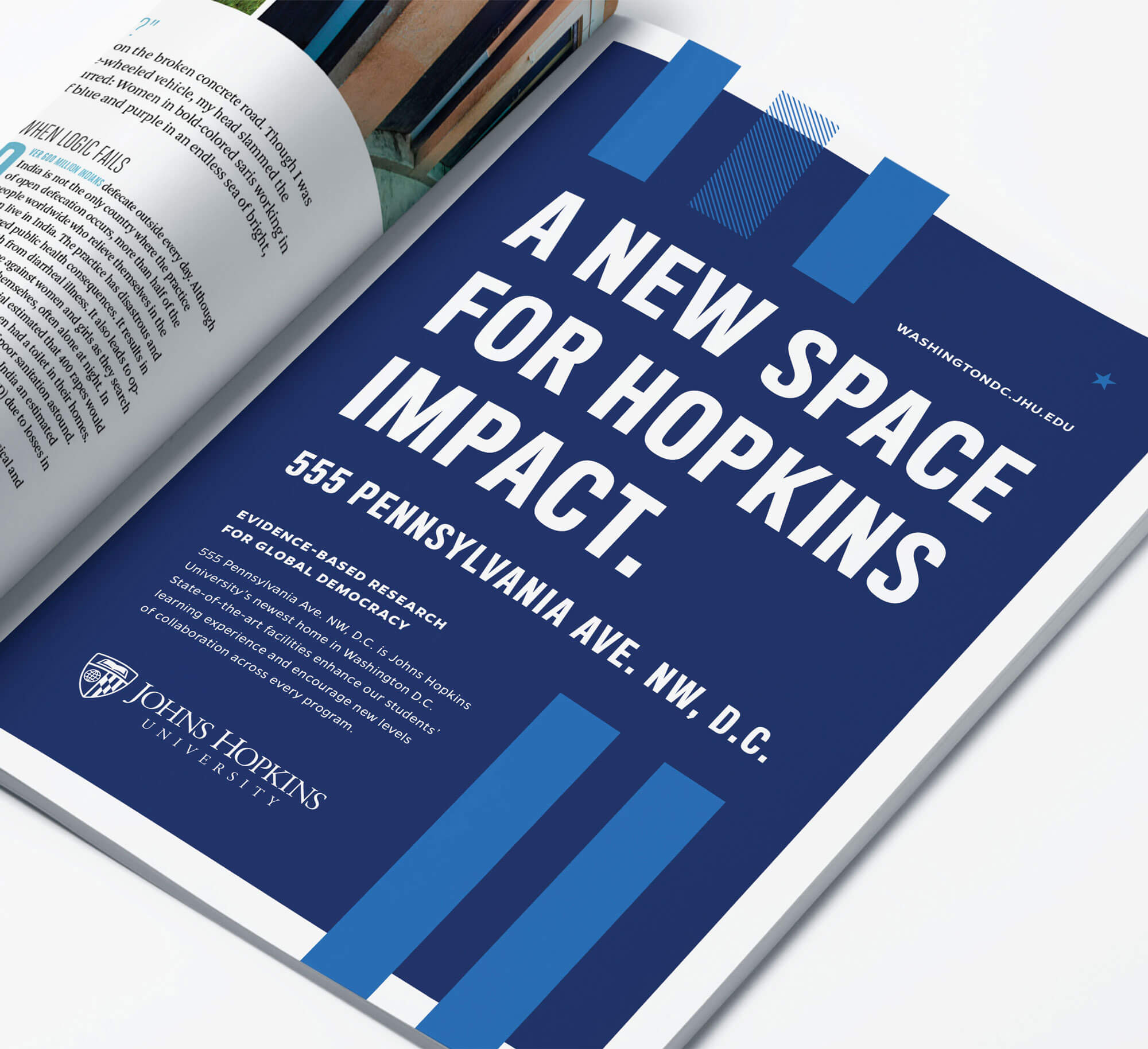A mocked-up magazine advertisement featuring a key campaign message, “A New Space for Hopkins Impact.”
