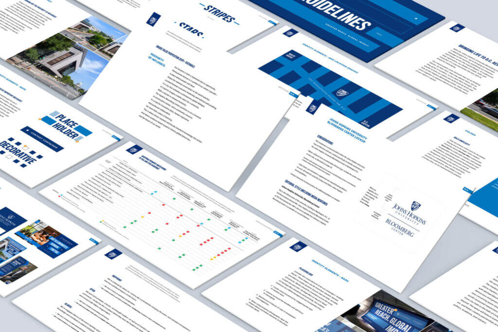 A zoomed-out view of brand guidelines developed for the Hopkins Bloomberg Center intended to show the breadth of thought put into campaign messaging and visuals.
