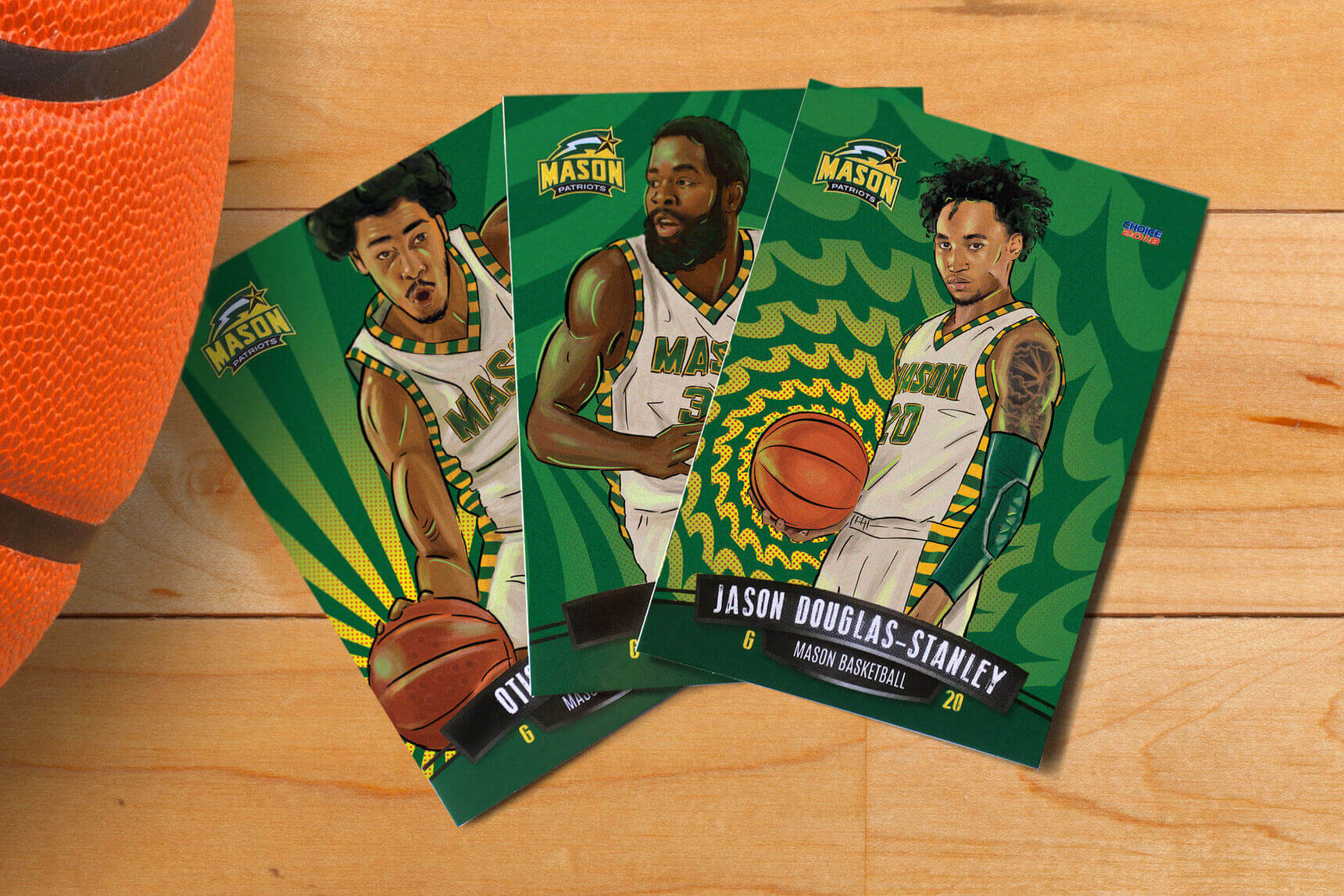 A series of three basketball cards featuring illustrations of different members of GMU’s men’s basketball team.