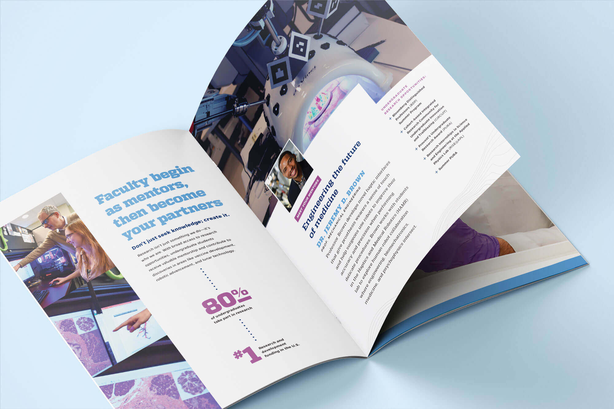 Booklet open to interior spread about research and engineering faculty.