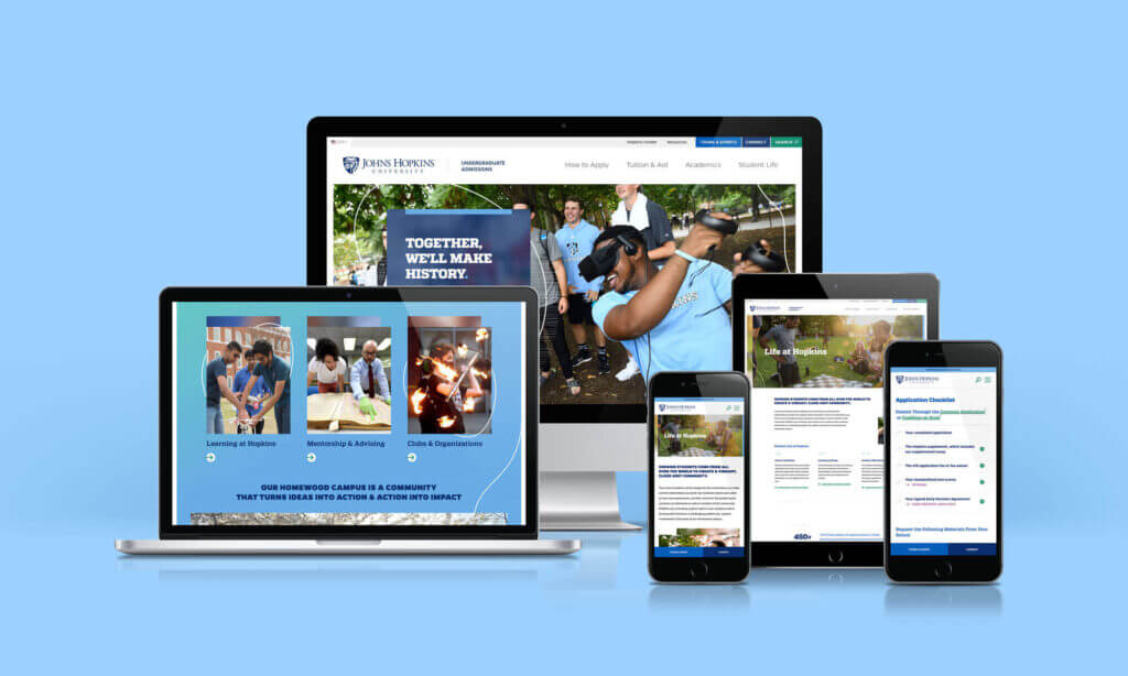 The Johns Hopkins University Undergrad Admissions website displayed on a series of screens, including a laptop, desktop monitor, tablet, and two phones.
