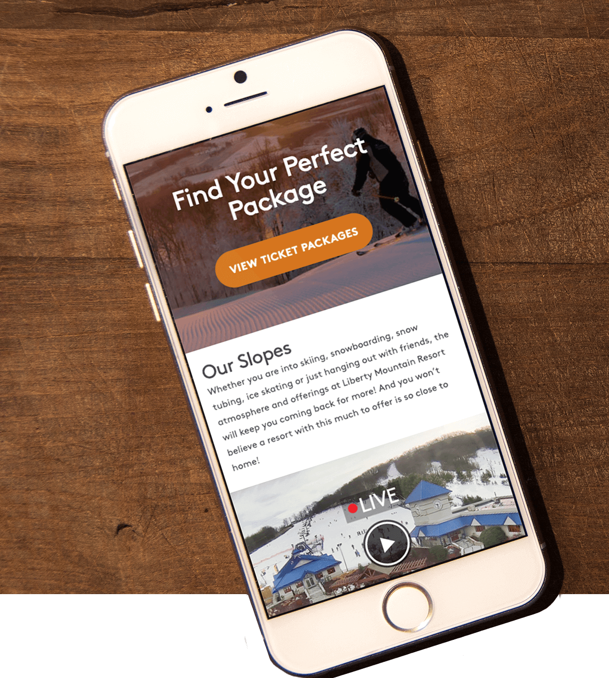 Phone displaying ticketing packages landing page.