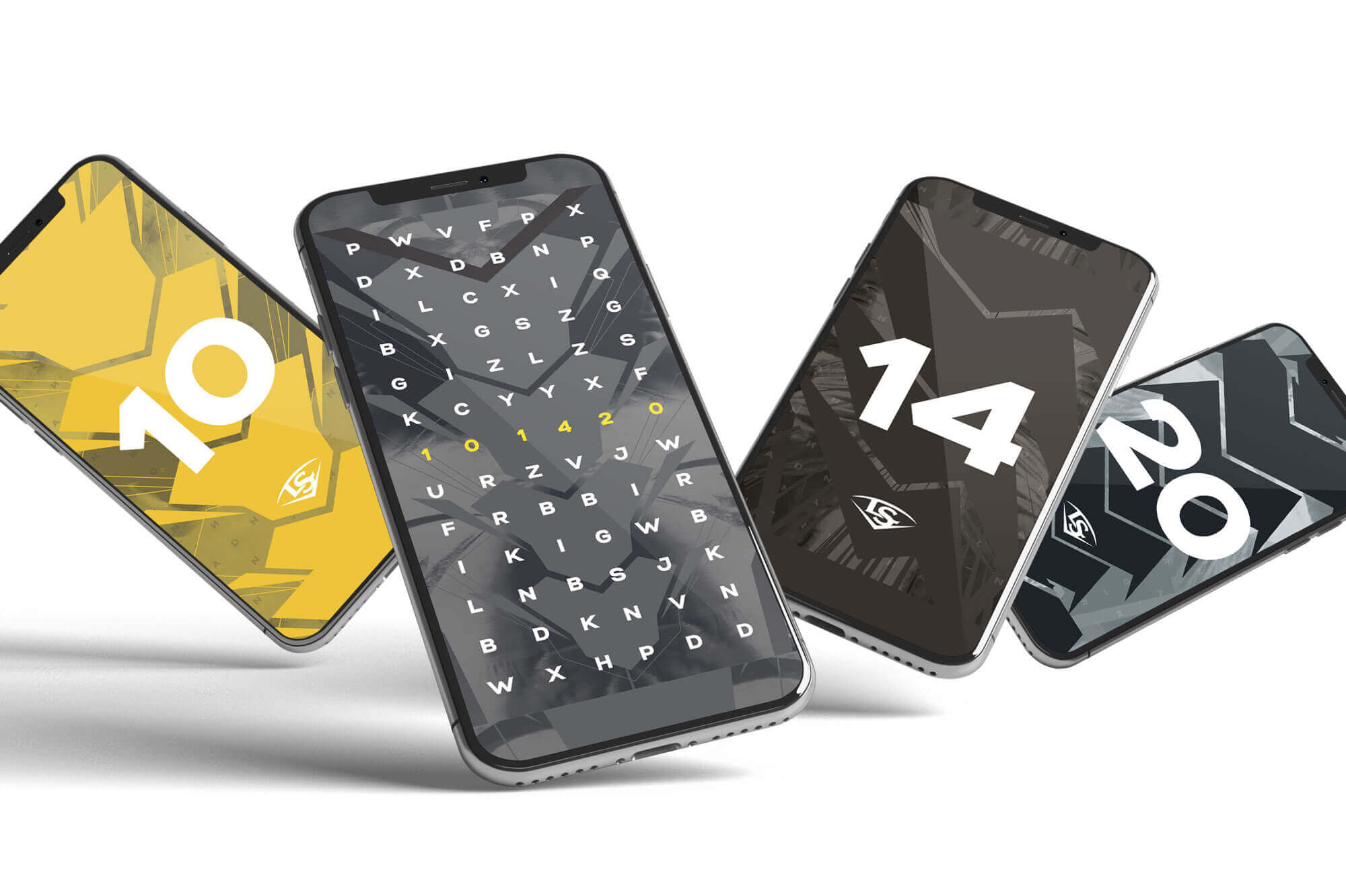 A series of phones displaying different campaign concepts.