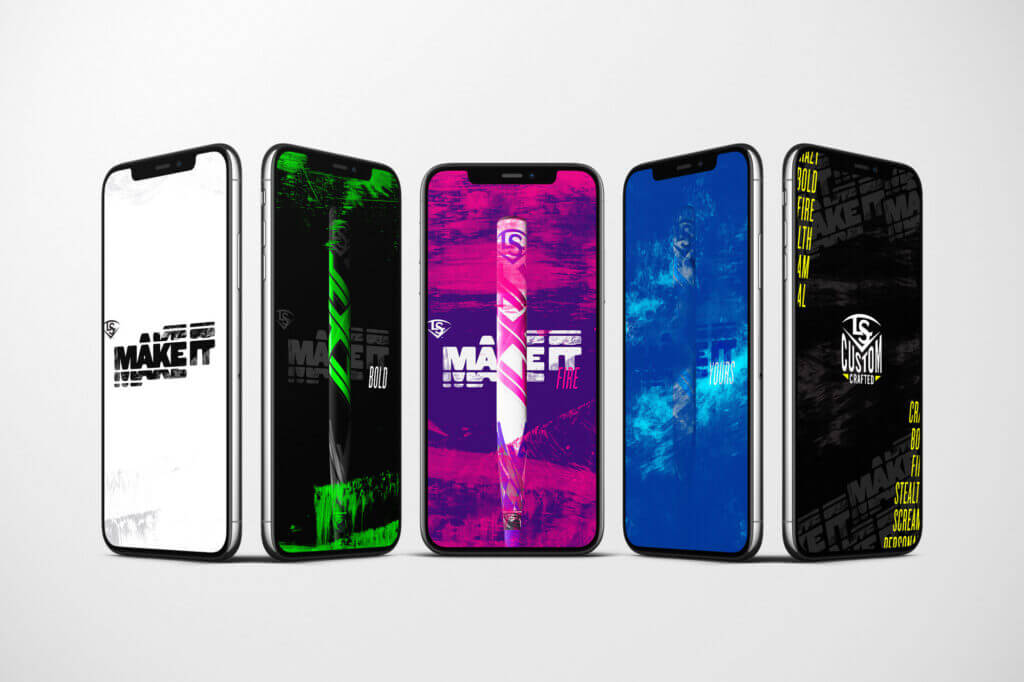 Five phones displaying different campaign images.
