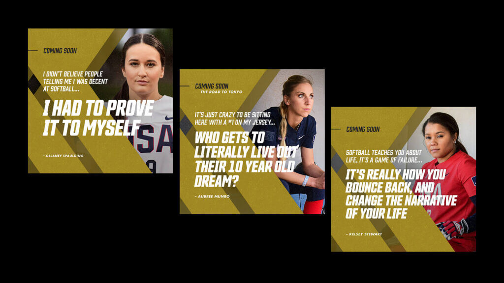 Three digital ads featuring Team USA athletes and quotes.
