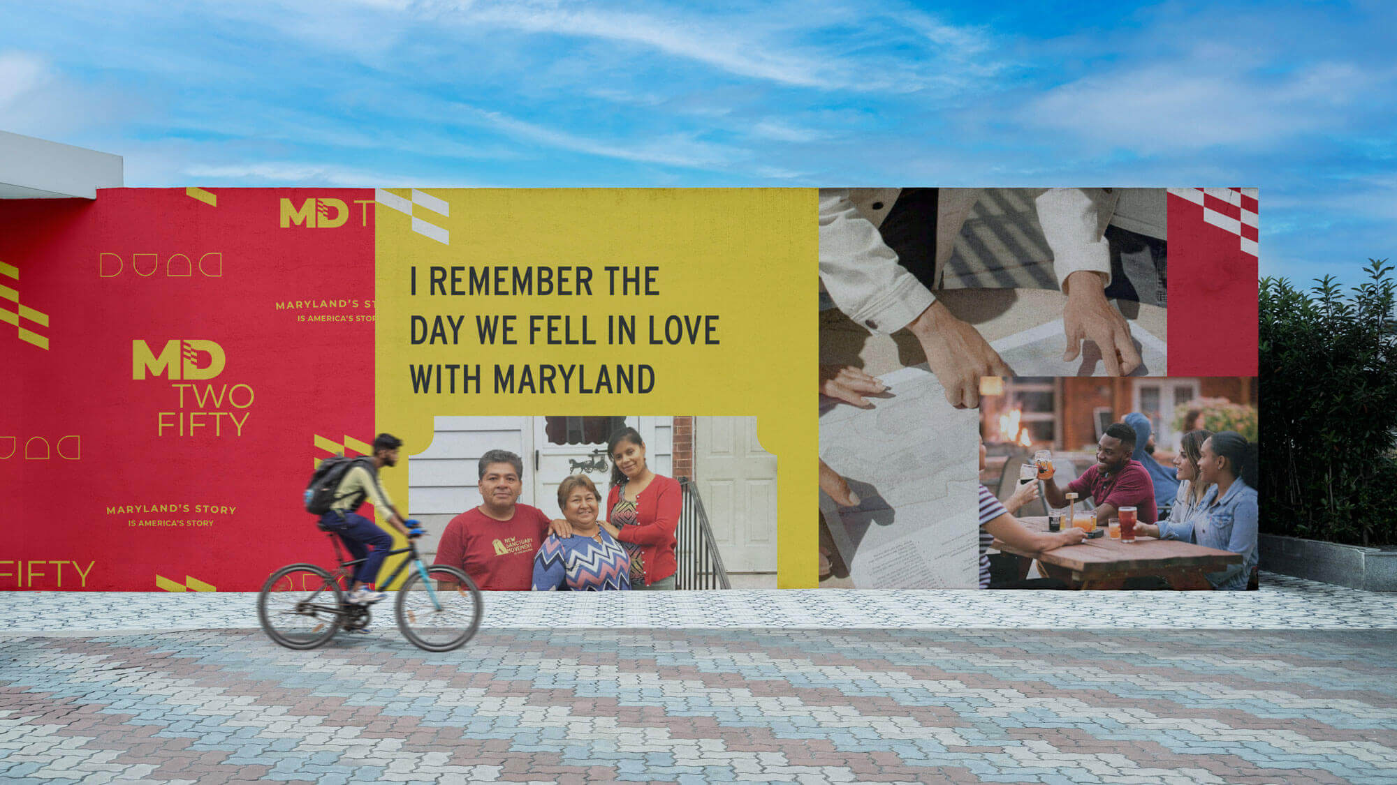 A series of large-format outdoor posters featuring brand graphics, icons, colors, and images of Marylanders.