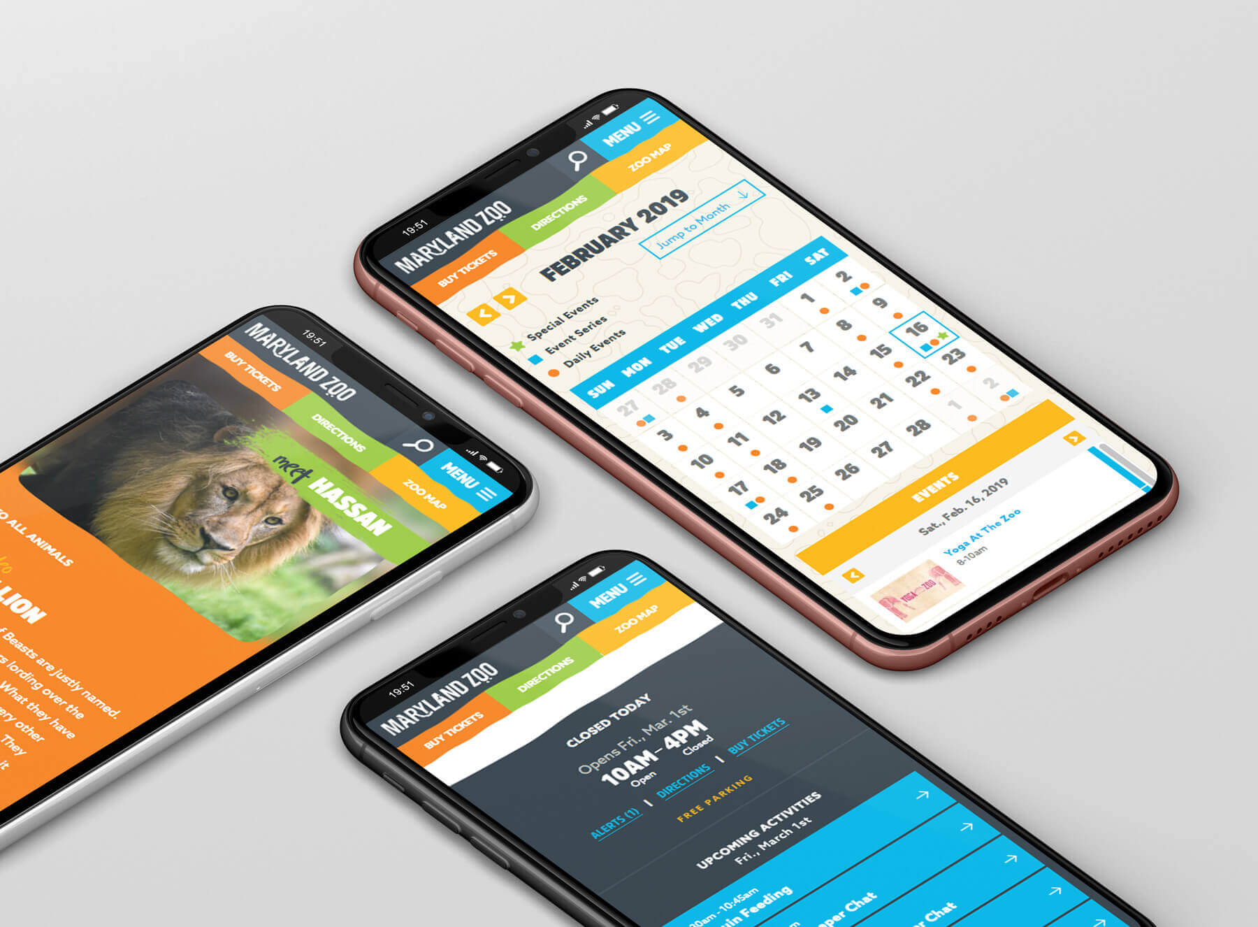 Maryland Zoo events calendar displayed on several phones.