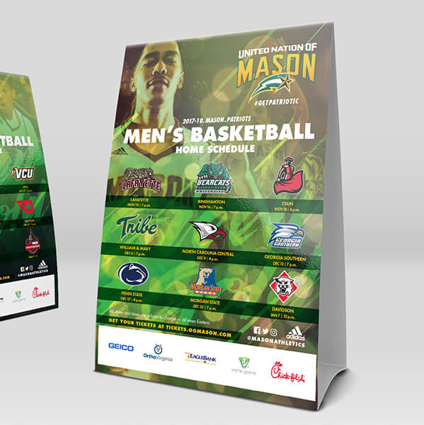 A table-stand men’s basketball schedule.